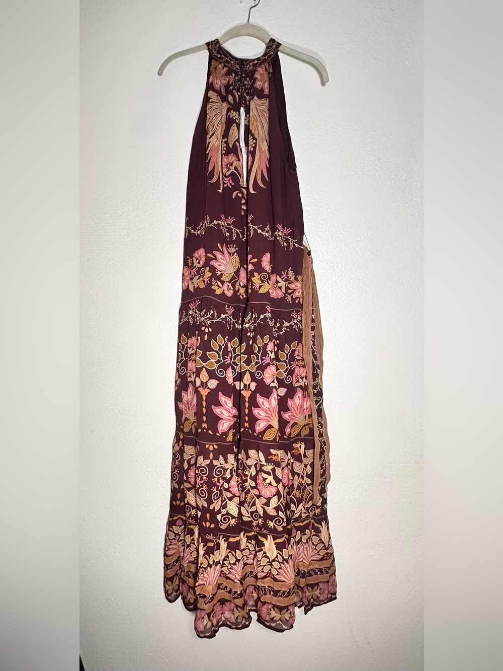 FARM Rio Bella Burgundy Floral Halter Maxi Dress XL NWT Belted Boho